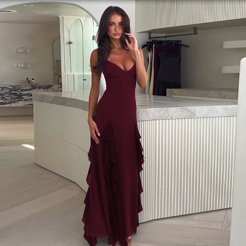 Strap Temperament V-neck Holiday Split Ruffled Dress